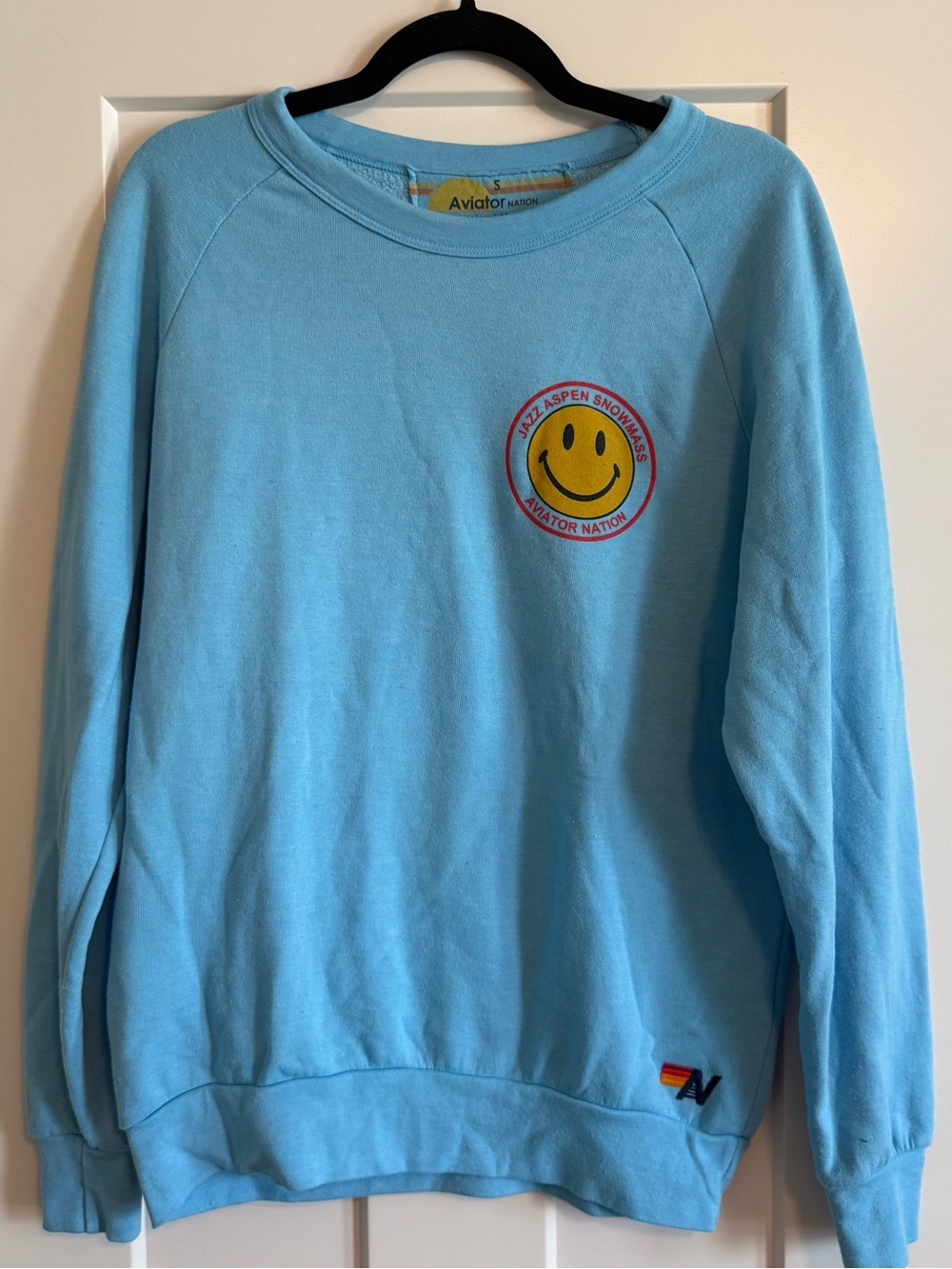 Aviator Nation Blue Jazz Aspen Snowmass Smiley Face Graphic Sweatshirt, Small